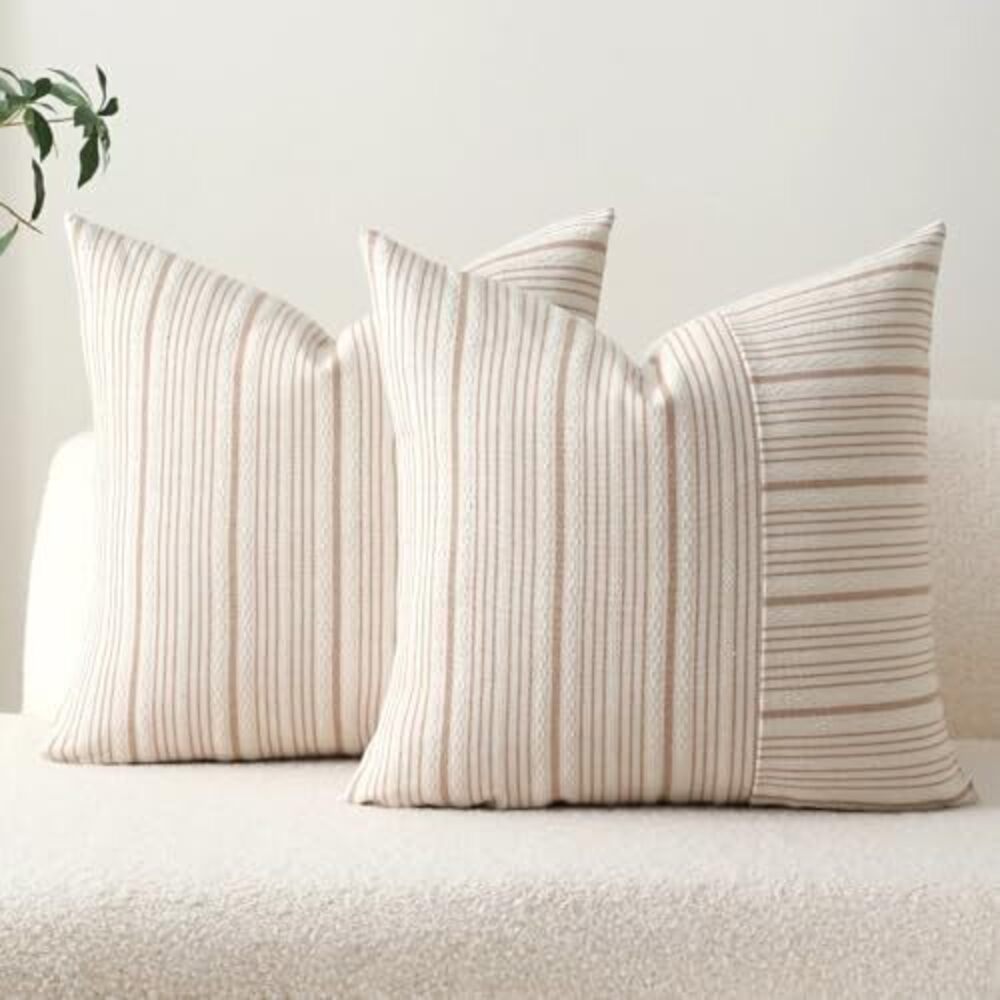 2190 Striped 3D Textured Weave Throw Pillow Covers 18x18 Set of 2